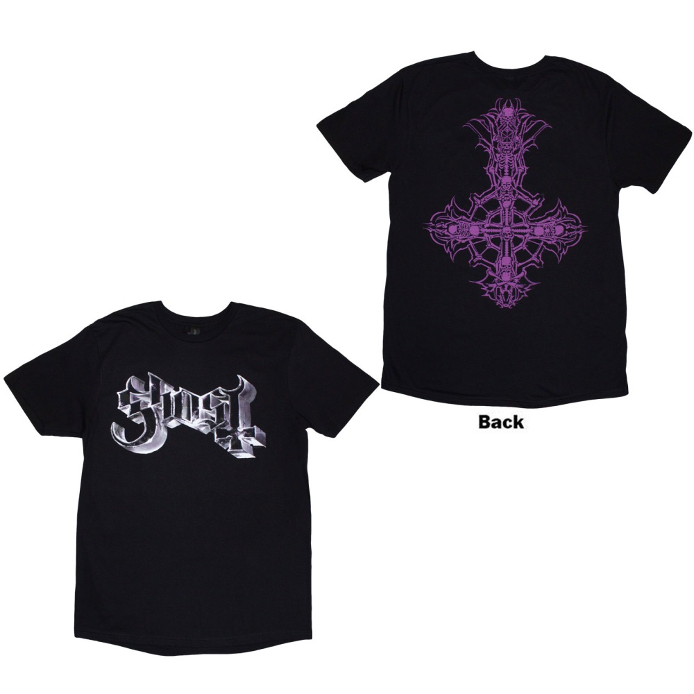 Ghost - Metal Logo & Purple Grucifix Heren Tshirt - Zwart